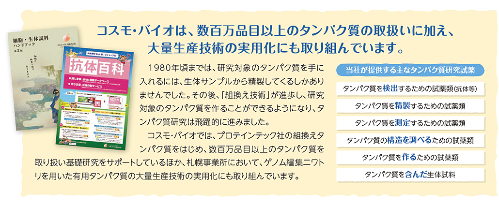 コスモ・バイオは、数百万品目以上のタンパク質の取扱いに加え、大量生産技術の実用化にも取り組んでいます。