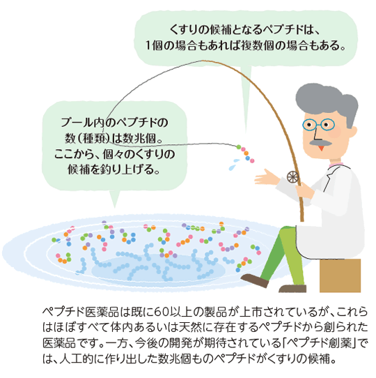 たくさんの種類のペプチドが入ったプールから、魚釣りをするようなイメージで、目当てのペプチドを探し出す。