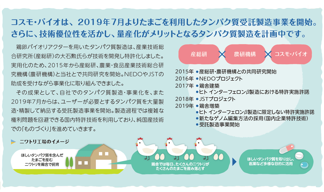 コスモ・バイオは、 2019年7月よりたまごを利用したタンパク質受託製造事業を開始。さらに、技術優位性を活かし、量産化がメリットとなるタンパク質製造を計画中です。