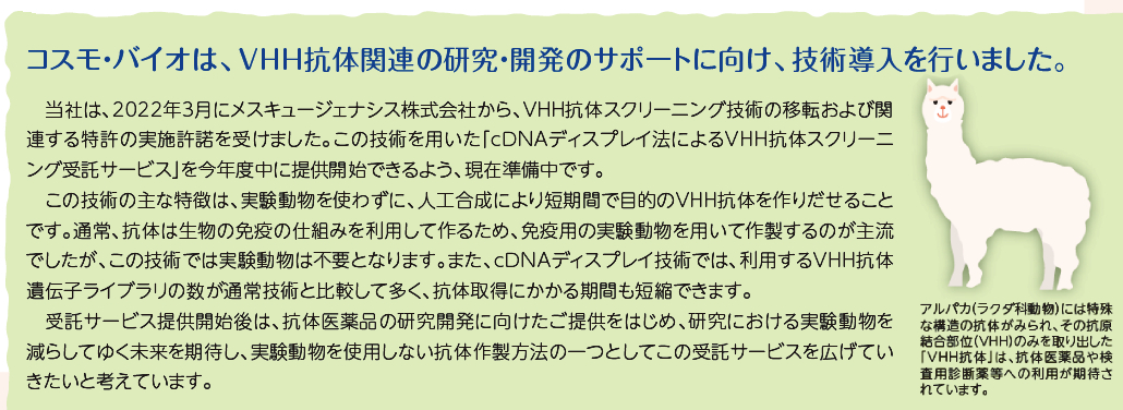 コスモ・バイオは、VHH抗体関連の研究・開発のサポートに向け、技術導入を行いました。